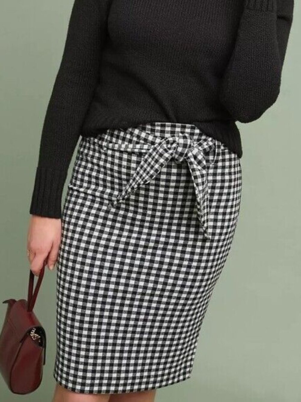 Anthropologie Maeve Black White Gingham Check Bow Waist Tie Pencil Skirt